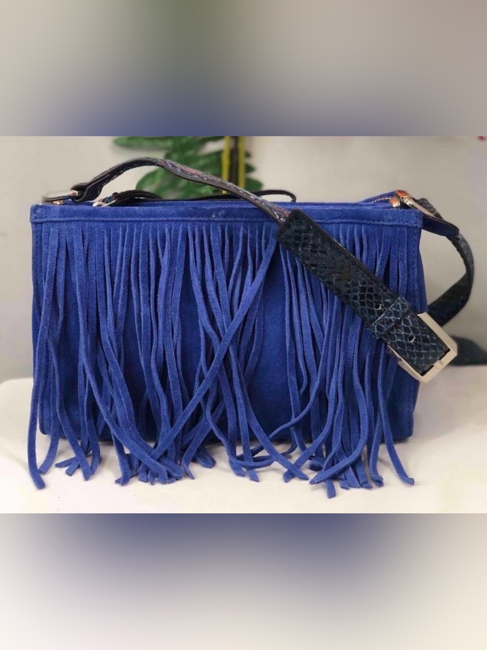 B. Makowsky Royal Cobalt Blue Suede Fringe Crossbody Bag